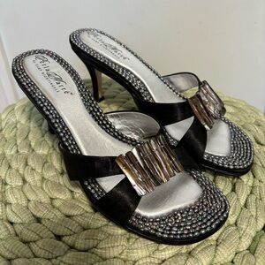 Perla Marre by Gary Nightingale Cultured Pearl Black Satin Mule Heel Sandals
